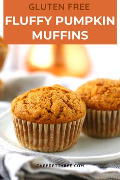 gluten free fluffy pumpkin muffins on a plate with text overlay