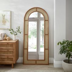 a room with a mirror, dresser and potted plant