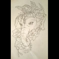 a drawing of an elephant with flowers on it's head