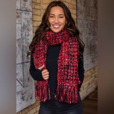 Nwt. If You Like Fluffy And Soft This Is The Scarf For You! Gorgeous Colors Of Red, Grey And Black Loom Woven Long Scarf With Fringe Details. A Great Layering Piece For This Season! 100% Acrylic 16” X 72” Scarf Women Winter, Scarf With Tassels, Scarf With Fringe, Woven Scarves, The Perfect Girl, Fall Scarves, Red Scarves, Some Girls, Long Scarf