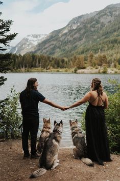 two people holding hands with two dogs by the water