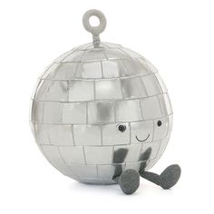 a silver disco ball ornament with a smiling face