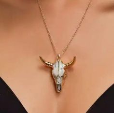 Western Longhorn Necklace with gold chain.  The necklace is very lightweight. Bohemian White Clavicle Chain Necklace, Longhorn Necklace, Micro Pave Band, Cowgirl Jewelry, Chocker Necklace, Pave Band, Coastal Cowgirl, The Necklace, Trendy Boho