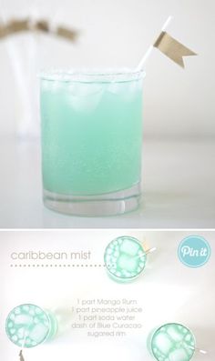 the ingredients for this drink are shown in two different pictures, one is green and the other is blue