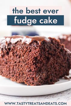 the best ever fudge cake on a plate with text overlay that reads, the best ever fudge cake