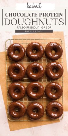 Glazed chocolate doughnuts on cooling rack. Flourless Donut Recipe, Zone Diet Meal Plan, Healthy Donuts Recipe, Healthy Protein Desserts, Baileys Recipes