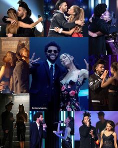 many different pictures of people on stage with one woman hugging and the other man kissing