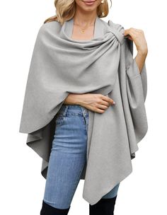 PRICES MAY VARY. SIZE -- Stay warm and fashionable with our poncho wrap - 32" long from shoulder to hem and flattering for all sizes and shapes. FABRIC -- Made with double knit fabrics, our wrap is thicker and more structured than most knits, making it wrinkle-resistant and perfect for travel. DESIGN -- Versatile design with a crossover front and loop/button on the shoulder - wear it as a poncho, shawl, cape, cardigan, or scarf. WEAR/MATCH -- Dress it up or down - layer it over a long sleeve shi Open Front Poncho, Knitted Wrap, Cape Shawl, Womens Poncho, Elegant Shawl, Pompom Scarf, Poncho Wrap, Poncho Cardigan, Reversible Scarf