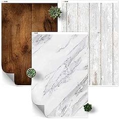 three different types of wood and marble wallpapers with white, brown, and green accents