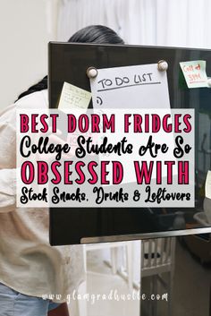 a woman holding a sign that says best dorm fridges college students are so obsesed with