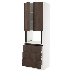 a white and brown cabinet with drawers on the bottom, one door open to reveal a mirror