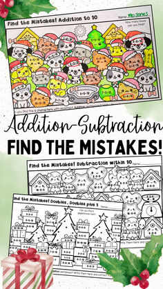 the addition subtraction worksheet to help students find and color christmas pictures