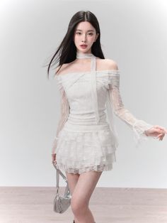 ❤︎White lace one-shoulder top + lace skirt❤︎ White Fitted Off-shoulder Top For Party, Fitted White Off-shoulder Top For Party, Chic Off-shoulder Lace Dress With Lace Trim, White Off-shoulder Top For Party, Elegant Off-shoulder Lace Dress With Ruffles, Chic Off-shoulder Lace Dress, Chic Off-shoulder Lace Mini Dress, Spring Off-shoulder Lace Party Dress, Spring Off-shoulder Lace Dress