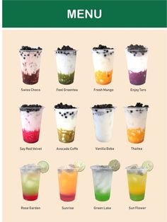 an image of different types of drinks with names on the top and bottom half of them