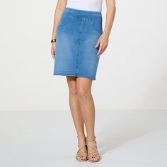 HUE Game Changing Denim Pencil Skirt  Effortless and flattering, HUE presents a pencil skirt that changes the game. Made of the softest, stretchy denim, comfort waistband and functional back pockets makes this garment a reliable go-to. Stretch Mid-rise Denim Skirt, Casual Stretch Pencil Skirt, Casual Stretch Pencil Skirt Short Length, Stretch Short Denim Skirt With Lining, Stretch Denim Blue Knee-length Skirt, Casual Fitted Short Pencil Skirt, Knee-length Stretch Denim Skirt, Medium Wash Stretch Mini Skirt, Stretch Denim Skirt In Medium Wash