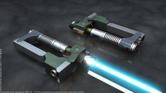 two light sabers are shown on a black surface, one is green and the other is blue