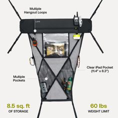 the back side of a black and white rack with various items attached to it, labeled in