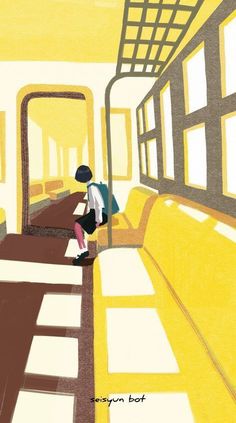 a drawing of a person sitting on a bench next to a train car with yellow walls