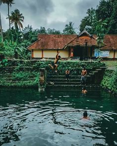 some people are swimming in the water and one person is jumping into the water to catch something