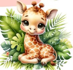 a baby giraffe sitting on top of green leaves