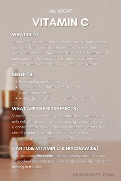 Vitamin C (ascorbic acid or ascorbate) is found in citrus and other fruits and vegetables and is sold as a dietary supplement. Vitamin C is an essential nutrient involved in the repair of tissue, the formation of collagen, and the enzymatic production of certain neurotransmitters. #vitaminc #skinbeauty #skincaretips #skincareinfo Skincare Content, Ascorbic Acid, Insta Inspo, Skincare Ingredients, Free Radicals, Cleansing Oil, Dermatology, Skin Protection, Dark Spots