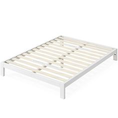 a white bed frame with wooden slats on the top and bottom rails, in front of a white background