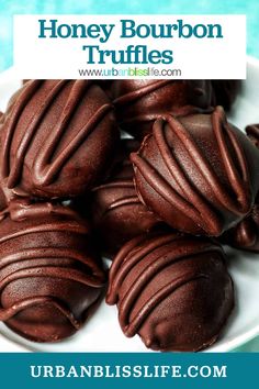 chocolate truffles on a plate with text overlay that reads honey bourbon truffles