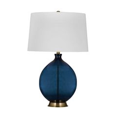 a blue lamp with a white shade on it