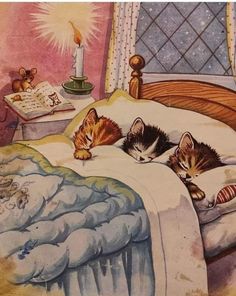 two kittens sleeping on a bed with a lit candle in the corner and an open book