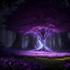 a purple forest with trees and flowers in the foreground is lit up by bright lights