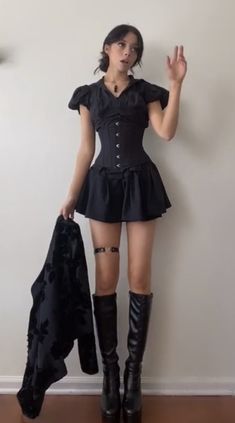 Goth Corset Outfit, Outfit With Corset, Corset Over Dress, Tokyo Outfits, Corset Outfit, Aesthetic Outfit Ideas, Dark Outfits, Kawaii Fashion Outfits, Fashion Design Clothes