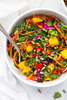 Asian Kale Crunch Salad - This colorful kale salad has a rainbow of veggies, a tangy Asian-inspired dressing, and plenty of crunch. It's a fresh, delicious side dish or awesome main dish any day of the week! (Gluten-Free, Vegan, Paleo-Friendly) // Asian Kale Salad // Kale Crunch Salad Recipe // Mango Kale Salad // Healthy Lunch // Side Salad // Rainbow Kale Salad #kale #lunch #glutenfree #vegan Kale Crunch Salad, Asian Kale, Kale Salads, Recipe Mango, Crunch Salad, Lunch Sides, Kale Salad Recipes, Vegan Asian