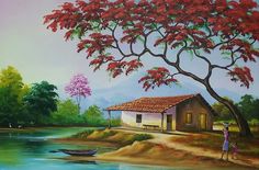 a painting of a woman standing in front of a house next to a body of water