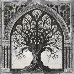 a cross stitch pattern with a tree in the middle and an arched window behind it