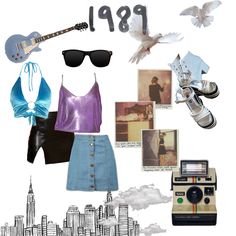 a collage of various items including a polaroid camera, sunglasses, shirt and skirt