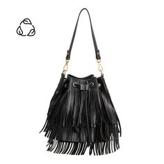 Also Available At Www.Copper-Cactus.Com - Free Shipping Over $100 Made Of Recycled Vegan Leather, Julie Shoulder Bag Is Defined By Its Fun And Frilly Fringe Detailing That Covers The Entire Body Of The Handbag. The Bucket Silhouette Offers A Spacious Interior That Will Hold All Your Everyday Needs. Adjustable And Detachable Crossbody Strap Included. Recycled Vegan Leather 7"W X 9.5"H X 5"D Handle Drop: 9" Strap Length: 27.5-50.5" Drawstring Closure Gold-Tone Hardware Interior Zip & Slot Pockets Leather Fringe Bag, Melie Bianco, Fringe Bags, Leather Fringe, Handbag Shopping, Online Bags, Black Handbags, Black Media, Crossbody Strap