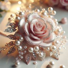 a close up of a flower with pearls on it