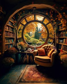 a chair sitting in front of a window filled with lots of books and plants next to a book shelf