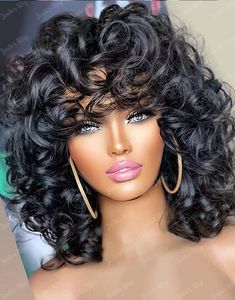 You'll love the effortless elegance of this bouncy curly wig with bangs! Made from human hair for a natural-looking bounce, it's perfect for a refreshing new look. Hair Material: 100% Human Hair Hair Density (You Choose): 180%, 200%, Hair Color: Natural Black (1B) Hairline: Pre-plucked, Pre-bleached Can Be Dyed: Yes Last For: 18 Months or more with Proper Care Lace Type: Glueless/Machine Made Cap Size: Standard Medium Size (Circumference 22.5") Kręcony Bob, Natural Black Hair Color, 1b Hair, Curly Bob Wig, Curly Bob Wigs, Afro Wigs, Short Curly Wigs, Short Curly Bob, Curly Human Hair Wig