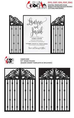 the front and back sides of an iron gate wedding card with black lettering on it