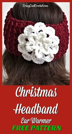 a woman wearing a crocheted headband with flowers on it and the words christmas headband ear warmer free pattern