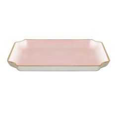 a pink and white tray with gold trim on the edge, against a white background