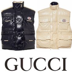 Bringing Innovation To Outerwear Design, Gucci's Aria Reversible Down Puffer Vest Jacket Can Alternate Between Shiny Deep Navy And Glossy Ivory. Featuring A High Neck, Flap Pockets With Velcro, An Interlocking G Patch, And Zip-Through Front With Velcro Closure, This Piece Is Warm, Stylish, And Versatile. Reversible. Buy One & Get Two Vest. One Side: Dark Blue Shiny Nylon With Down Padding; Other Side: Ivory Shiny Nylon With Down Padding - Reversible - Flap Pockets With Velcro Closure - Zip And V Luxury Gucci Cream Outerwear, Luxury Cream Gucci Outerwear, White Gucci Outerwear For Work, Gucci Designer White Outerwear, Designer White Gucci Outerwear, White Designer Gucci Outerwear, Gucci White Winter Outerwear, White Gucci Outerwear For Winter, Beige Gucci Outerwear For Winter