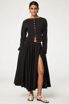 Ritsu Skirt - Black | The Line by K Amara Dress, The Line By K, Line By K, Long Skirts For Women, A Perfect Circle, Shell Buttons, Front Design, The Line, Long Skirt