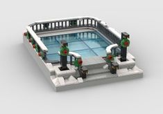 an artificial swimming pool is shown in this 3d image, with snow on the ground and fence around it