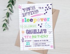 a birthday card with the words sleepover written in different colors on it next to a plant