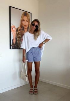 Summer 2024 Holiday Outfits, Poplin Shorts Outfit, Pin Stripe Shorts Outfit, Nyc Day Outfit Spring, Cabo Airport Outfit, Poplin Shorts Outfit Women, Suburban Aesthetic Outfit, Sail Boat Outfits, Northern California Aesthetic Outfits