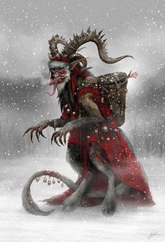 a creature with horns and long hair sitting in the snow, wearing a red dress