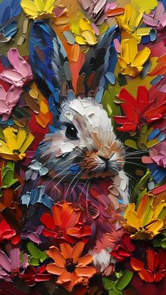 a painting of a rabbit surrounded by colorful flowers