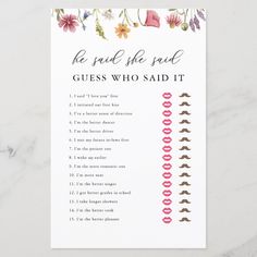 a printable guess who said it card with flowers on the front and back side